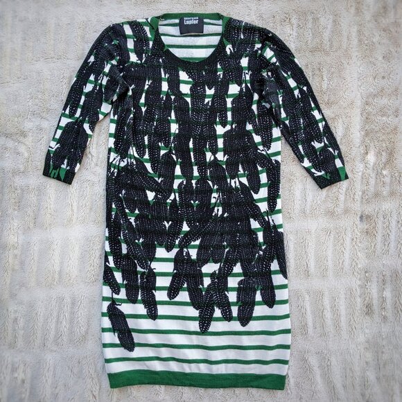 MARKUS LUPFER Knit Bodycon Stripe Feather Print Minidress Sz. S - Picture 1 of 9